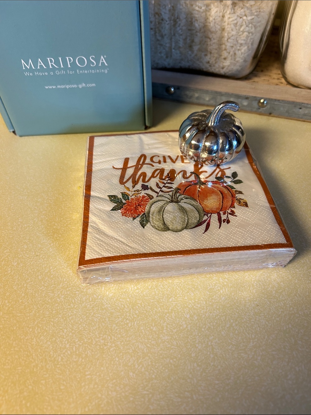 Mariposa Silver Pumpkin Napkin Weight with Autumn Pumpkin Napkins